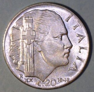 Italy 20 Centesimi 1942 (xx) Extremely Fine,  Coin - - - Magnetic Reeded photo