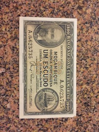 1944 2 Um Escudos Banknote,  Mozambique,  Circulated photo
