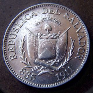 El Salvador Silver Coin 1911 25 Centavos Xf.  One Year Type Coats Of Arms photo