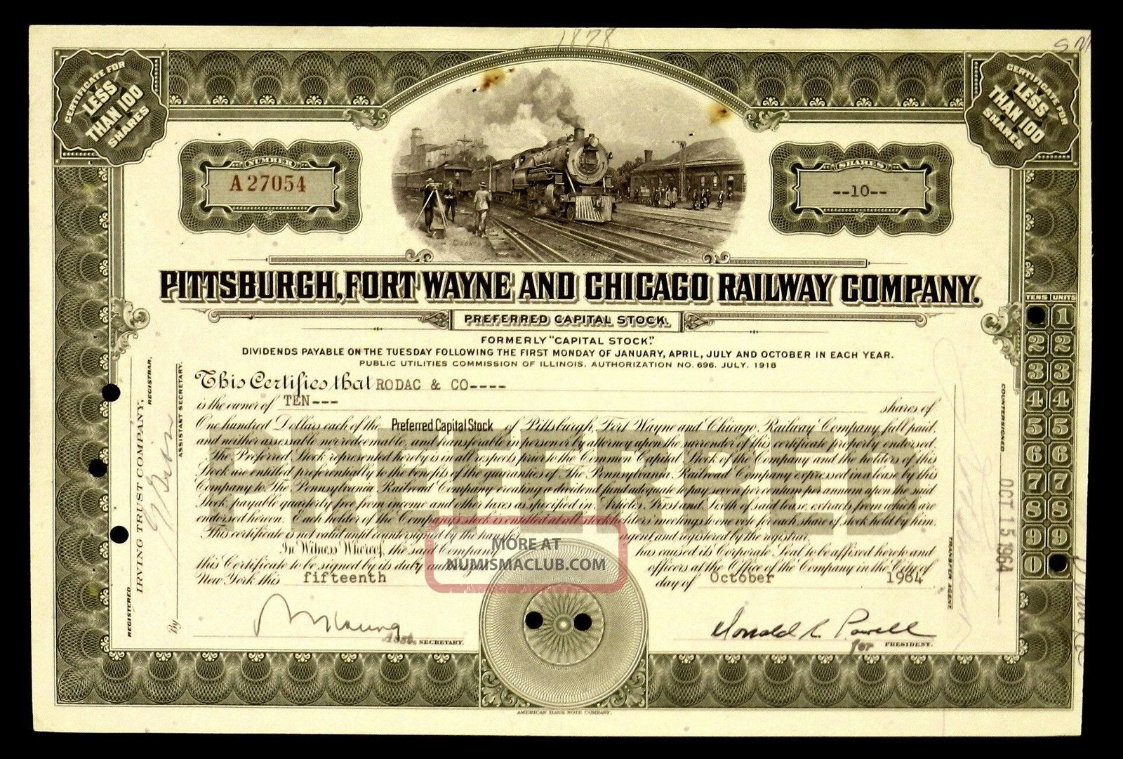 Stock Certificate Pittsburgh Fort Wayne & Chicago Railway Co Preferred Stock Transportation photo