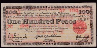 Philippine 1943 Emergency War Note Negros 100 Pesos S666 Hand Sign In Blue photo
