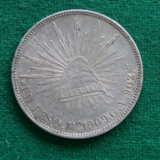 1909 Mexico Silver Coin 1 Peso Mo Am Caps & Rays photo