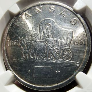 1961 Silver Kansas Statehood Centennial Medal/token,  Ngc Details Cleaned,  Hk586 photo