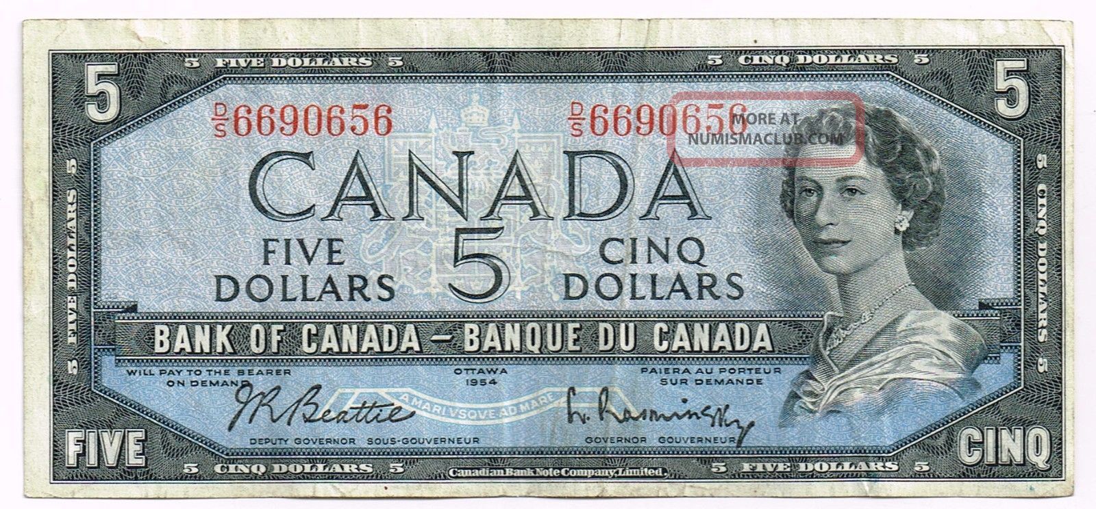 1954 (1961 - 72) Canada Five Dollars Note - P77b