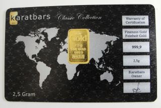 2.  5 Gram 999.  9 Fine Gold Ingot Bar Karatbars Numbered Certified Laminated Card photo