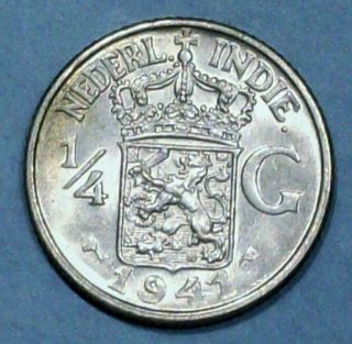 Netherlands East Indies 1/4 Gulden 1941 P Brilliant Uncirculated Silver Coin photo