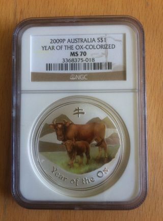 2009 Australian 1 Oz Silver Lunar Year Of The Ox Colorized Ngc Ms70 photo