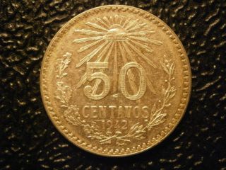 1942 50 Centavos Mexico.  720 Silver Rare Key Date Bu photo