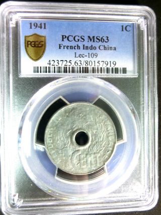 French Indo - China 1941 Rosette On Phygian Cap.  Pcgs Ms63 Secure Bu 1 Cent Rare photo