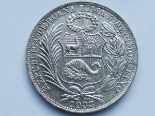 (1) 1933 Peru One Sol Rare Mintage Of Only 5,  000 photo