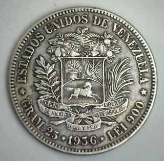 1936 Silver Venezuela 5 Bolivar Five Dollar Coin Vf 2 photo