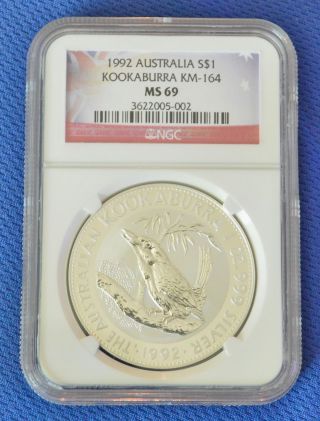 1992 Australia 1oz Silver Kookaburra Silver Dollar Ngc Ms69 Flag Label photo