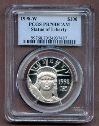 1998 - W Pcgs Pr70dcam Statue Of Liberty $100 Platinum 1 Oz Coin photo