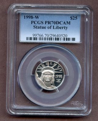 1998 - W Pcgs Pr70dcam Statue Of Liberty $25 Platinum 1/4 Oz Coin photo