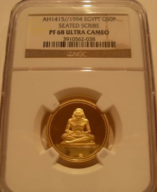 Egypt 1994 Gold 50 Pounds Ngc Pf - 68uc Seated Scribe photo
