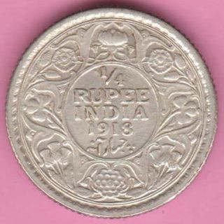 British India - 1918 - 1/4 Rupee - King George V - Rare Ex.  Fine Silver Coin B9 photo