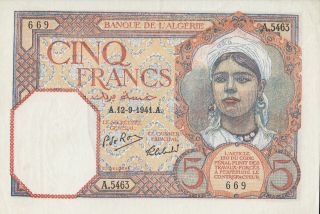 Algeria Banknote 5 Francs P - 77b 12.  09.  1941 Unc - photo