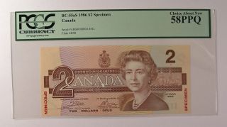 1986 $2 Specimen Pcgs 58ppq Ottawa Canada Bc - 55as Banknote photo