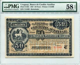 1887 Uruguay 50 Pesos Pmg 58 Epq Banco De Credito Auxiliar Bill Note Banknote photo