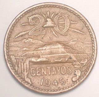 1945 Mexico Mexican 20 Centavos Sun Pyramid Wwii Era Coin Vf photo