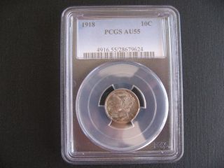 Au 55,  Pcgs Certified 1918 Mercury Dime,  90 Silver,  Almost Uncirculated photo