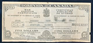 Dominion Of Canada $5.  00 War Savings Certificate Issued 15 - 7 - 1944 Alberta photo