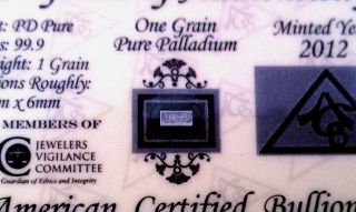 Acb Palladium 1grain Bar 99.  9 Pure Pd Bullion Minted W/ Certificate,  Silk Bag photo