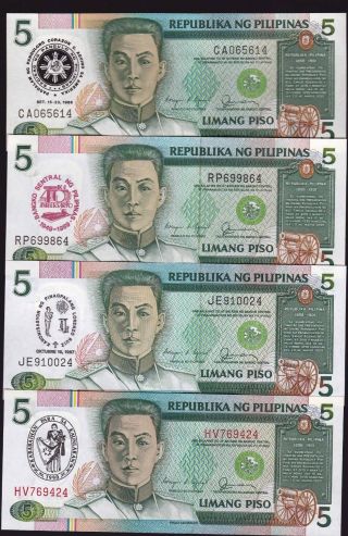 Philippines 5 Pesos Commemorative Ovpt.  4 Different Banknote Uncirculated photo