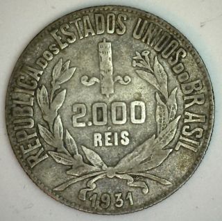 1931 Brazil 2000 Reis Silver Coin Km 526 Lower Mintage Yg photo