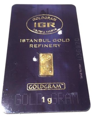 1 G Gram 24k Gold Istanbul Refinery Gold Bar.  9999 Fine (in Assay) photo