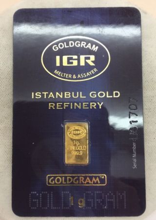 1 - Gram Igr 9999 Fine Gold Bar Assay Blue Card photo