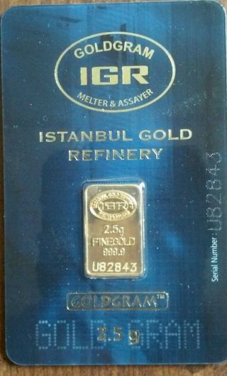 2.  5 Gram Istanbul Refinery Gold Bar.  9999 Fine (in Assay) photo