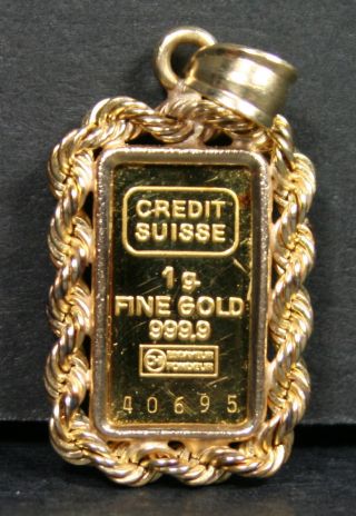 1 Gram Gold Bar - Credit Suisse Zurich - 999.  9 With 14k Gold Rope Bezel 7062 photo
