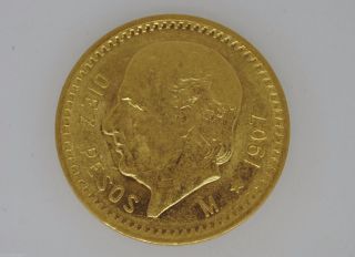 1907 M Mexico Gold 10 Peso Gold Key Date.  2411 Agw Low Mintage 24 photo