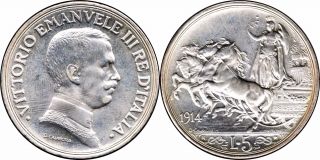 1914 5 Lire Vittorio Emanuele Iii - Quadriga Rare Coin photo