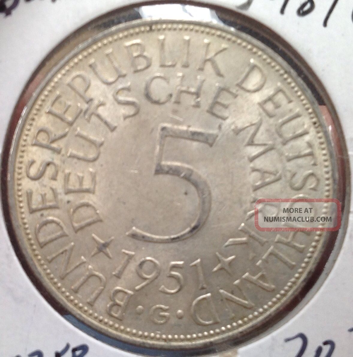 German Silver 1951 G 5 Mark Coin