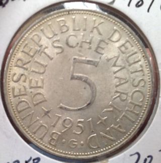 German Silver 1951 G 5 Mark Coin photo