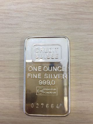 1 Oz Credit Suisse.  999 Fine Silver Bar Swiss Bullion photo