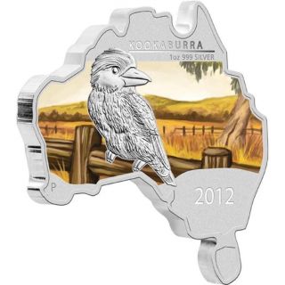 Australia 2012 $1 Australian Map Shaped Coin Series Kookaburra 1 Oz Silver Coin. photo