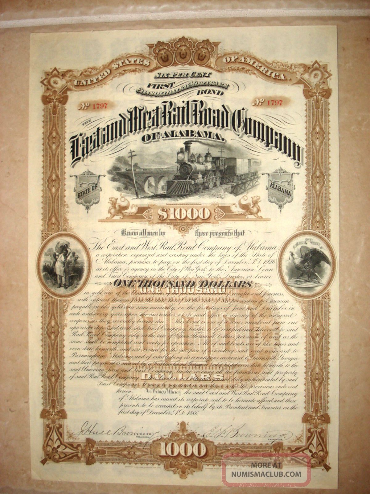 Stock Bond Certificate - The East & West Rr Co.  Of Alabama 6 Coupon - 1886 Transportation photo