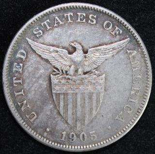 1905 - S Us/philippines Peso Vf Details Straight Serif 90 Silver Allen 16.  06a photo