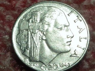 Italy,  Empire,  Fascist 1943 20 Centesimi,  Vittorio Emanuele Iii,  Fasces.  Wwii Coin photo