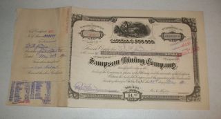 1901 Sampson Mining Company Stock Certificate 333,  839 Shares Bingham Utah Wow photo