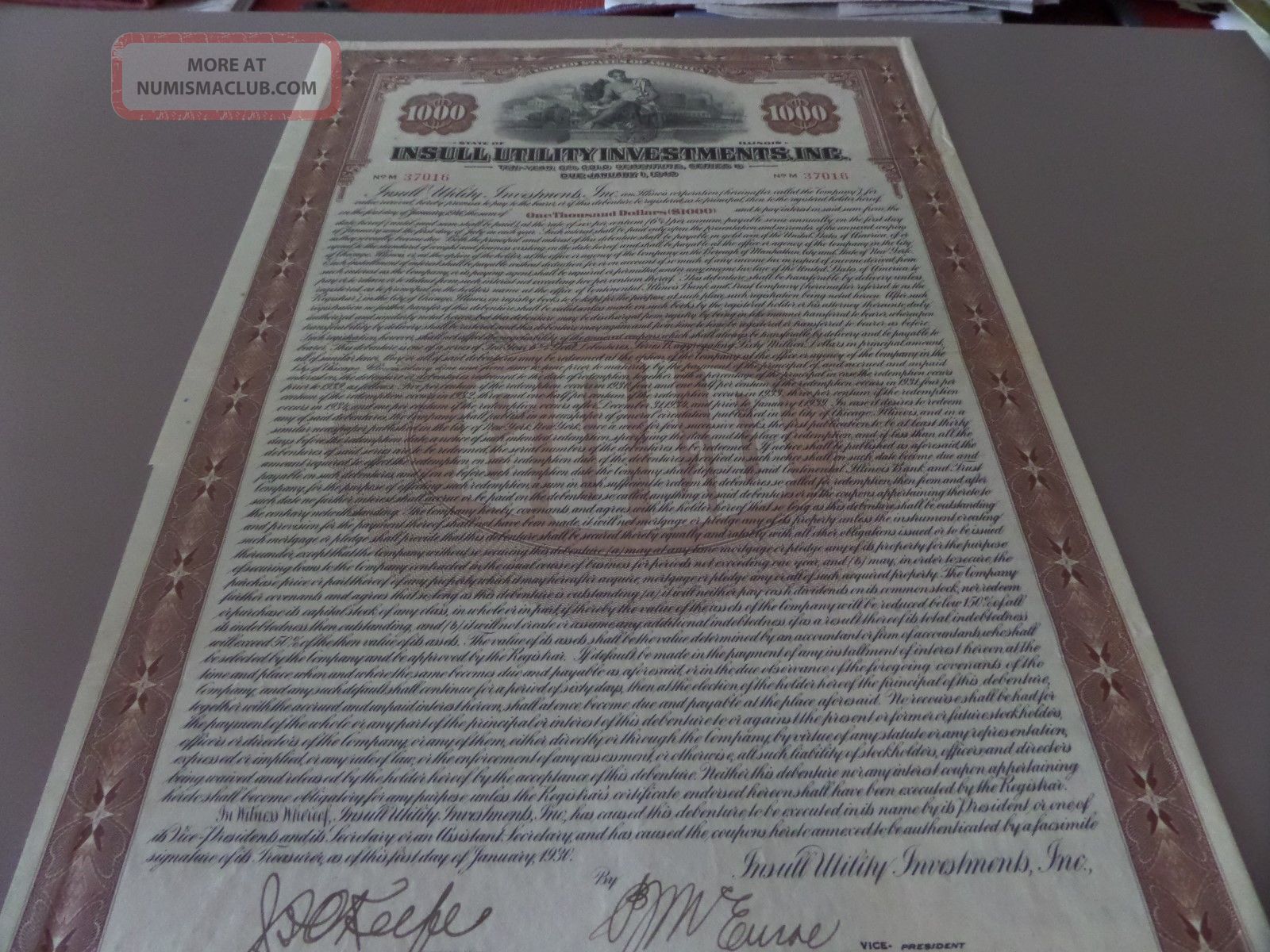 1930 Insull Utility Investments Bond Certificate Illinois Stocks & Bonds, Scripophily photo
