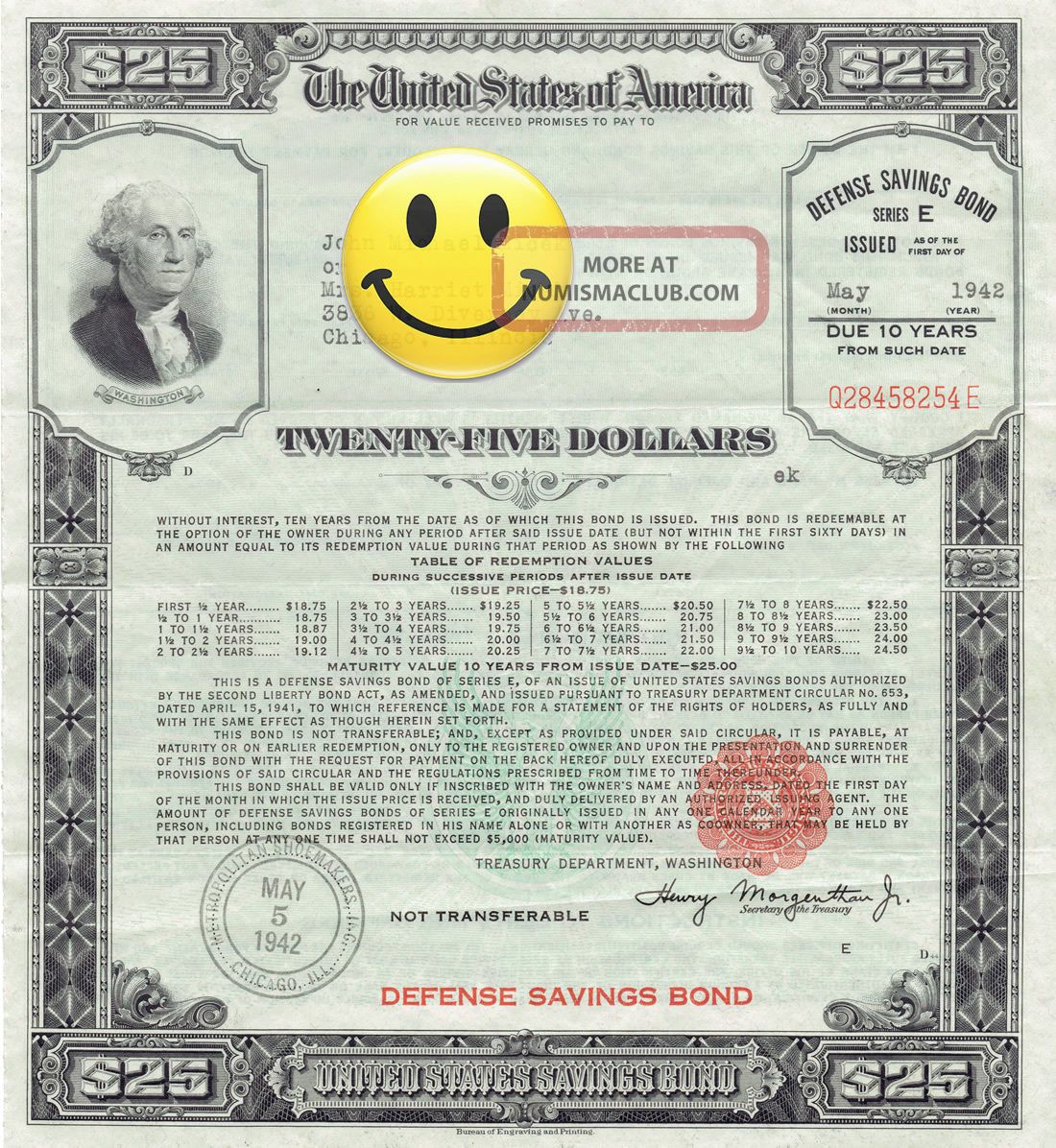 1942 Us 25 Dollars $25 E Series Wwii War Savings Bond Washington Chicago,  Il Stocks & Bonds, Scripophily photo