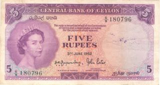 Pick 51 Queen Elizabeth Ii Ceylon Sri Lanka 1952 5 Rupees photo