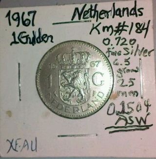 1967 Netherlands 1 Gulden 72 Silver Coin Km - 184 Xf - Au Ships $2.  49 Usa $7.  99 Int photo