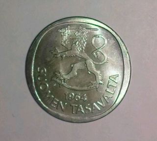 Finland 1964 (s) 1 Markka Silver Coin,  Cat.  No.  Km - 49 ; 6.  4 Grams,  0.  350 Fine photo