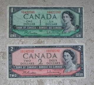 Canadian Paper Money 1954 Dragon $2 Two Dollar Bill Bank Of Canada $1 One Dollar photo