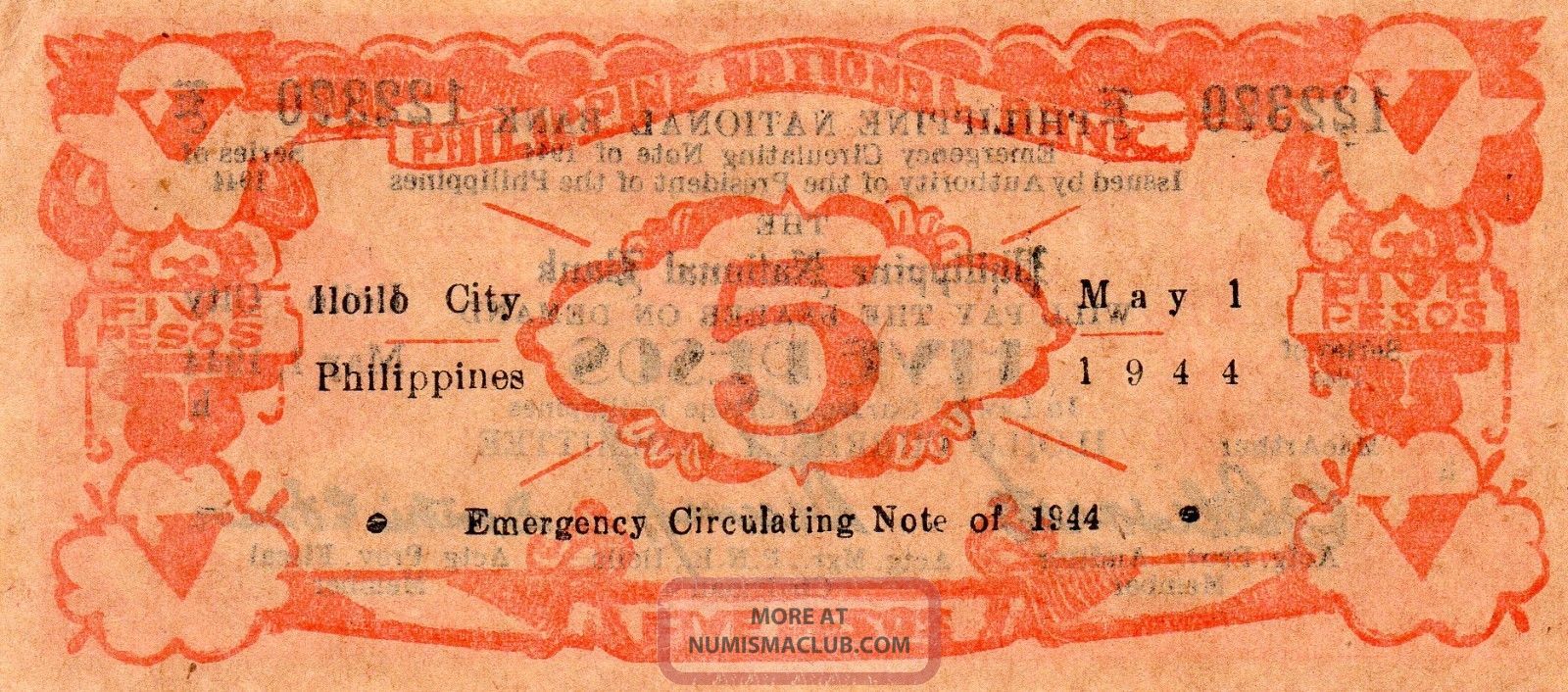 Philippines Iloilo 1942 Emergency Guerilla 5p S316 Salmon Red Currency 122,  369 Asia photo